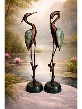 SPI Gallery Wetland Herons Brass Sculptures Verdigris Marble Base Pair 17"